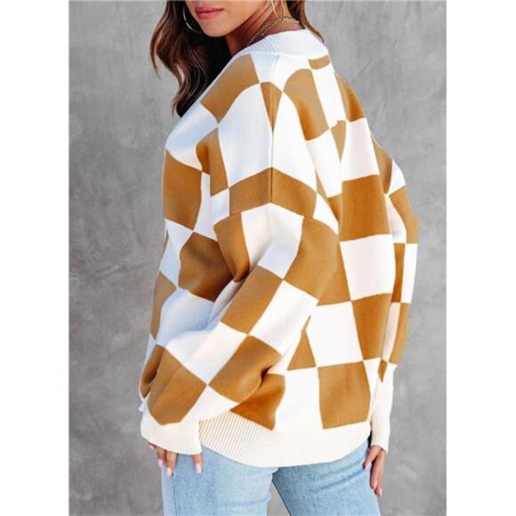 NEW Womens Plaid V Neck Button Down Long Sleeve Cable Knit Oversized Cardigan - Picture 3 of 6